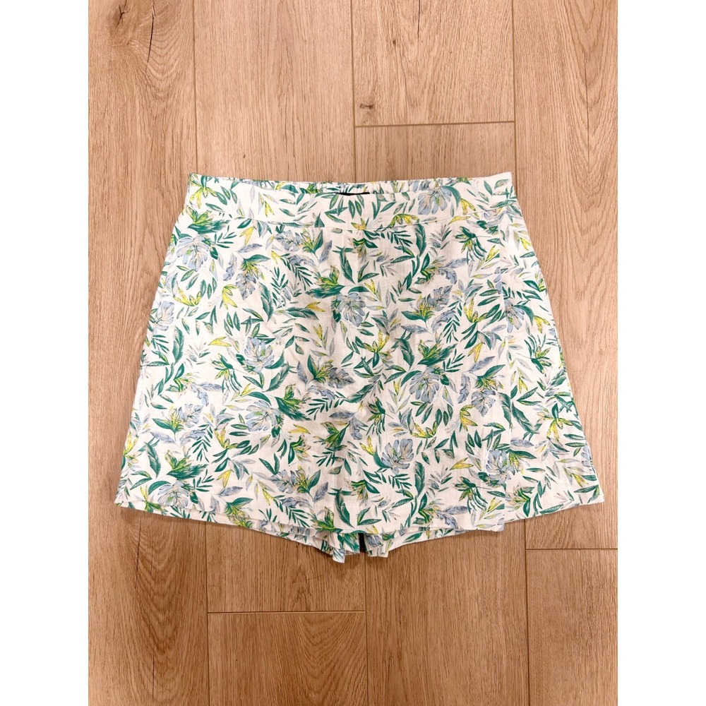 Ellen Tracy Tropical Floral Linen Blend Wrap Skort White Green Blue Small